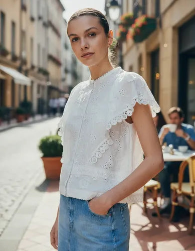 Camisa Sin Mangas De Broderie Blanco Liso Xl