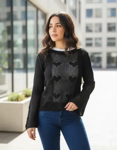 Sweater Mangas Oxford Calado Boho Corazones Importado