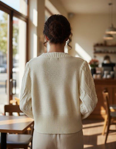 Sweater Tejido Folk Borlas Modelo Amplio Beige Liso Único