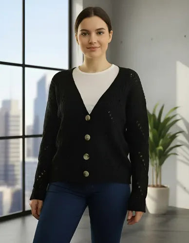 Cardigan Saco Tejido Calado Importado Negro Unico
