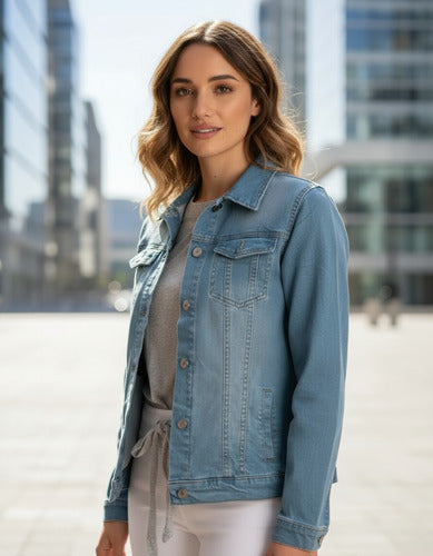 Campera De Jean Elastizada Denim Básica Celeste L Lisa