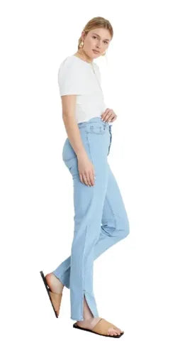 Pantalón Jeans Celeste Ancho Tajos Celeste Liso 40
