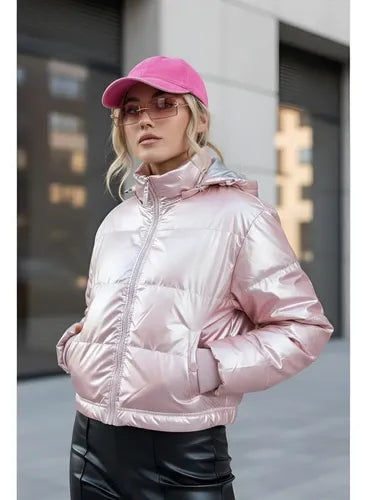 Puffer Campera  De Abrigo  Importada Corta Metalizada Rosa Claro Xl Lisa