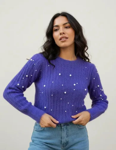 Sweater Tejido Con Perlas Violeta Perlas U