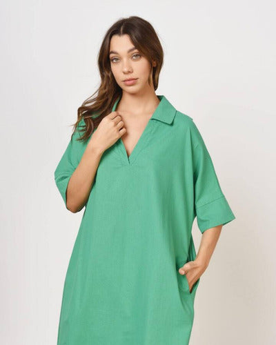 Vestido De Lino Midi Con Cuello Camisero Verde Lisa Único