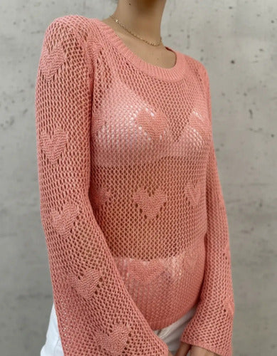 Sweater Mangas Oxford Calado Boho Corazones Importado