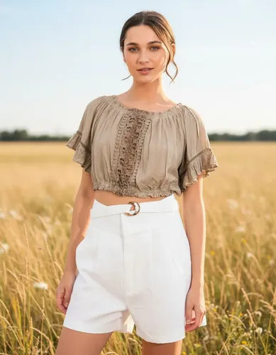 Camisa Blusa Paisana Importada Corta Marrón Claro L