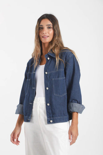 Campera De Jean Costura Contratono Azul S Liso