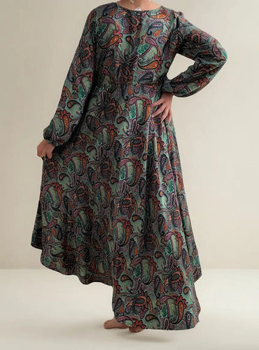 Vestido Boho Largo Manga Larga Seda Hindú Fiesta Verde Estampado Único