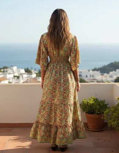 Vestido De Seda Hindú Largo Mod. 69 Marrón Claro Estampado Único