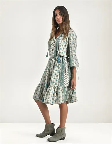 Vestido De Seda Hindú Corto Mod. 43 Beige Estampado Único
