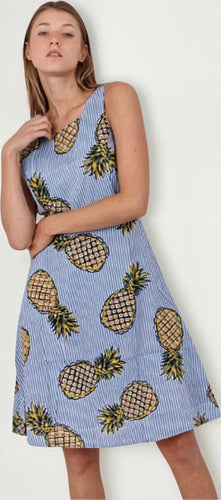 Vestido Importado Estilo Pin Up Ananas Nuevo 2da Selección Azul Rayas Único