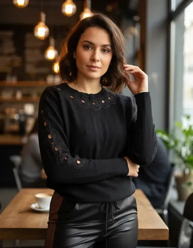 Sweater Tejido Importado Detalle En Brazos Strass  Cod.174 Negro U
