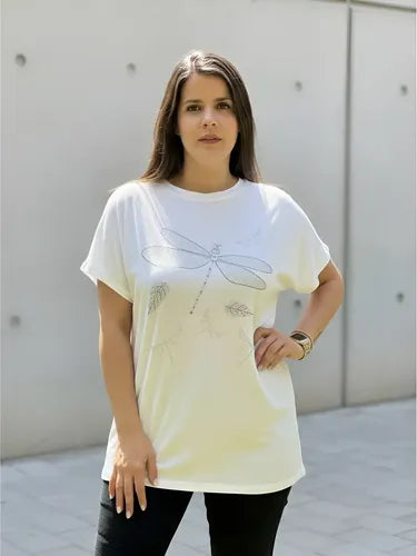 Remera  Modal Strass Importada  Blanco Libélula Xl Lisa