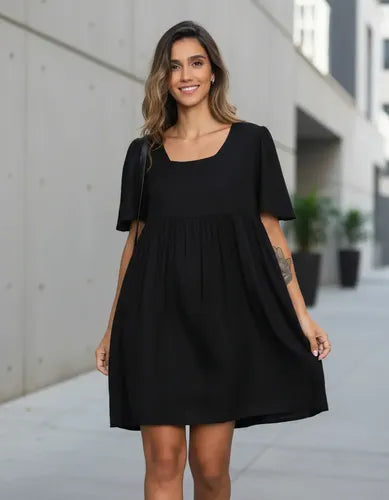 Vestido Negro Manga Corta De India Negro Lisa Único