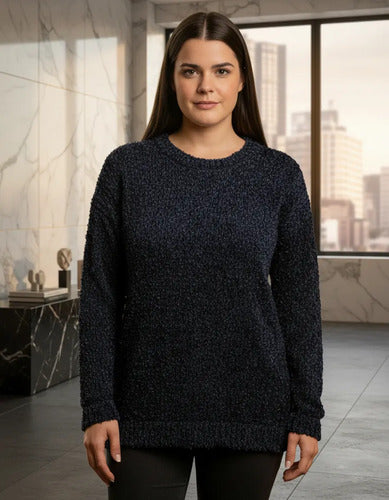 Sweater Pullover Tejido Boucle Azul Liso Unico