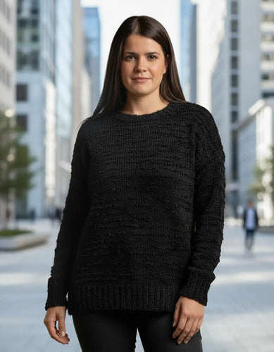 Sweater Boucle Pullover Tejido Amplio Negro Liso Unico
