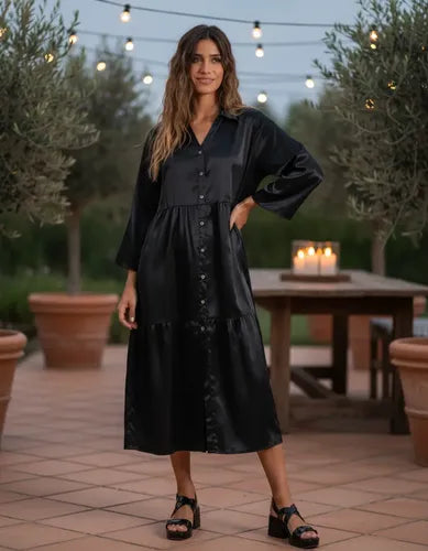 Vestido Camisero De India Simil Seda De Noche Fiesta