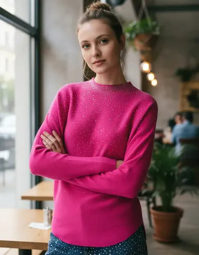 Sweater Importado Con Hotfix Fucsia Liso Único