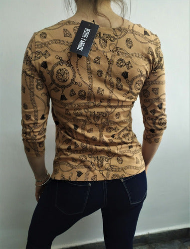 Remera Manga 3/4 De Diseño Marrón Claro S Estampado