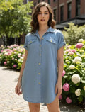 Vestido Jean  Camisero  Denim Manga Corta Celeste Lisa 2