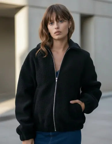 Campera Bomber Simil Paño Amplia Negro Único Liso