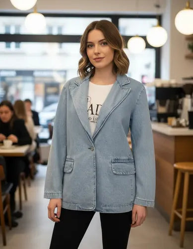 Saco Blazer De Jean Celeste Claro 2 Botón Normal L