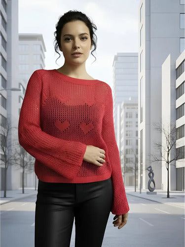 Sweater Mangas Oxford Calado Boho Corazones Importado