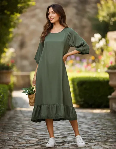 Vestido Largo Simil Seda Mangas 3/4 Azul Marino Lisa Único