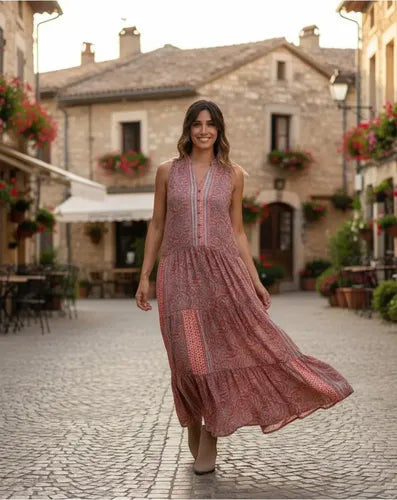 Vestido De Seda Hindú Largo Sin Mangas Mod. 9 Coral Estampado Único