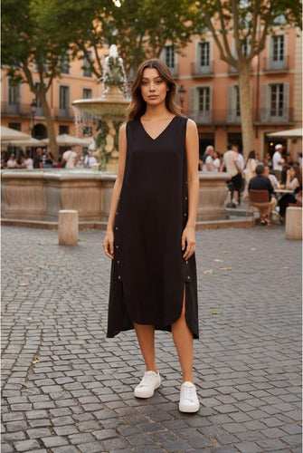 Vestido De Lino Abotonado A Los Costados Midi Gris Lisa Único