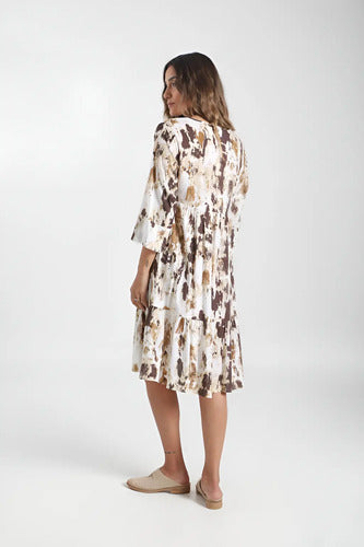 Vestido Manga Larga De India Estampado Modelo Amplio Blanco Con Marrón Manga Corta Estampado M