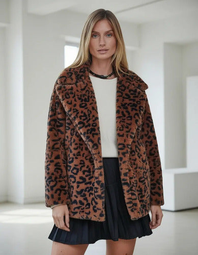 Saco Campera Chaqueta Piel Sintética Animal Print Marrón Oscuro Único Animal Print