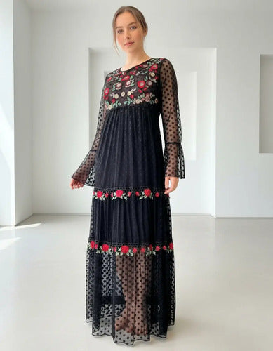 Vestido Boho Fiesta Bordado Tipo Vars Importado Negro Liso S/m