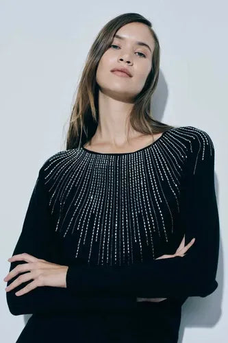Sweater Tejido Con Strass Importado Nuevo 2da Selección Negro Liso Único