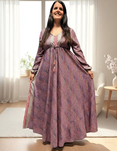Vestido Largo Seda Hindú Manga Larga Naranja Estampado Único