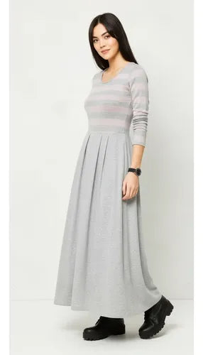 Vestido Largo De Algodón Marca Vestite Y Andate Gris Rayas S