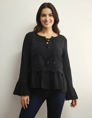 Blusa Camisa Importada Mangas Oxford Estilo Vars Boho Negro Lisa S