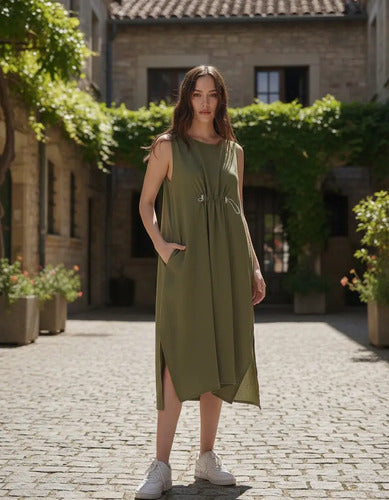 Vestido De Lino Midi Gris Oscuro Lisa Único