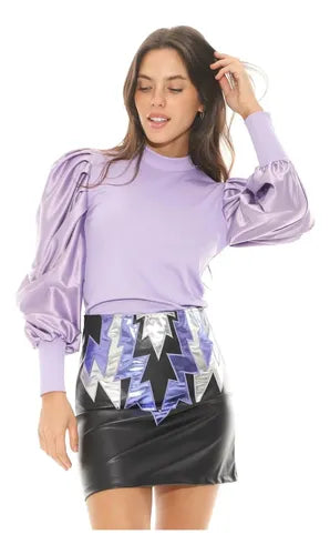 Pollera Mini Eco Cuero Bordada Negro Con Violeta Bordada S