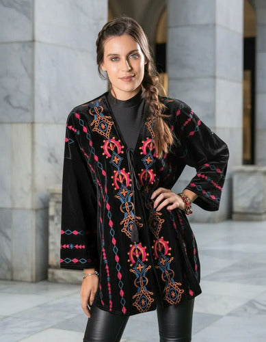 Saco Chaqueta Chiffon Bordada Velvet Fiesta Importada  Negro Único Liso