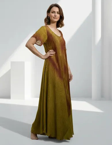 Vestido Largo Seda Hindú Modelo Amplio Xxxl C/bolsillos Marrón Estampado Único