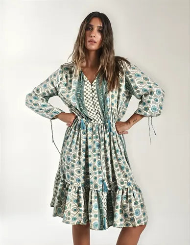 Vestido De Seda Hindú Corto Mod. 43 Beige Estampado Único