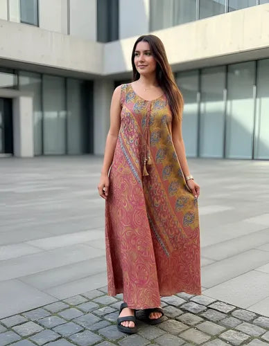 Vestido Solero Seda Hindu Importado Talle Grande Lila 2 Estampado Único