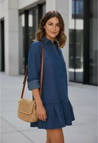 Vestido De Jean Con Volado Manga Larga Talle Grande Azul Lisa Xxl