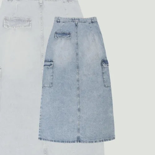 Falda Jean Pollera Larga Cargo Celeste Liso S