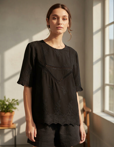 Camisa Blusa Importada Estilo Boho Bordada Negro L