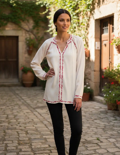 Camisa Blusa India Importada T/rapsodia Bordada Boho Bella Beige Bordado S