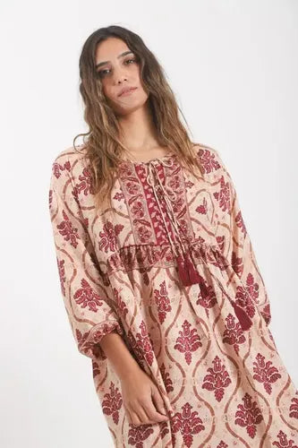 Vestido De Seda Hindú Largo Mod. 31 Rosa Estampado Único