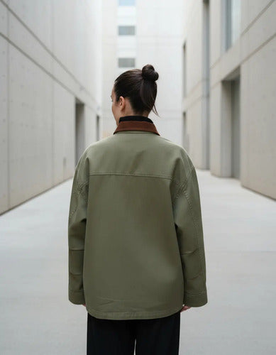 Campera De Gabardina Y Corderoy Oversize Modelo Grande Verde 40 Liso